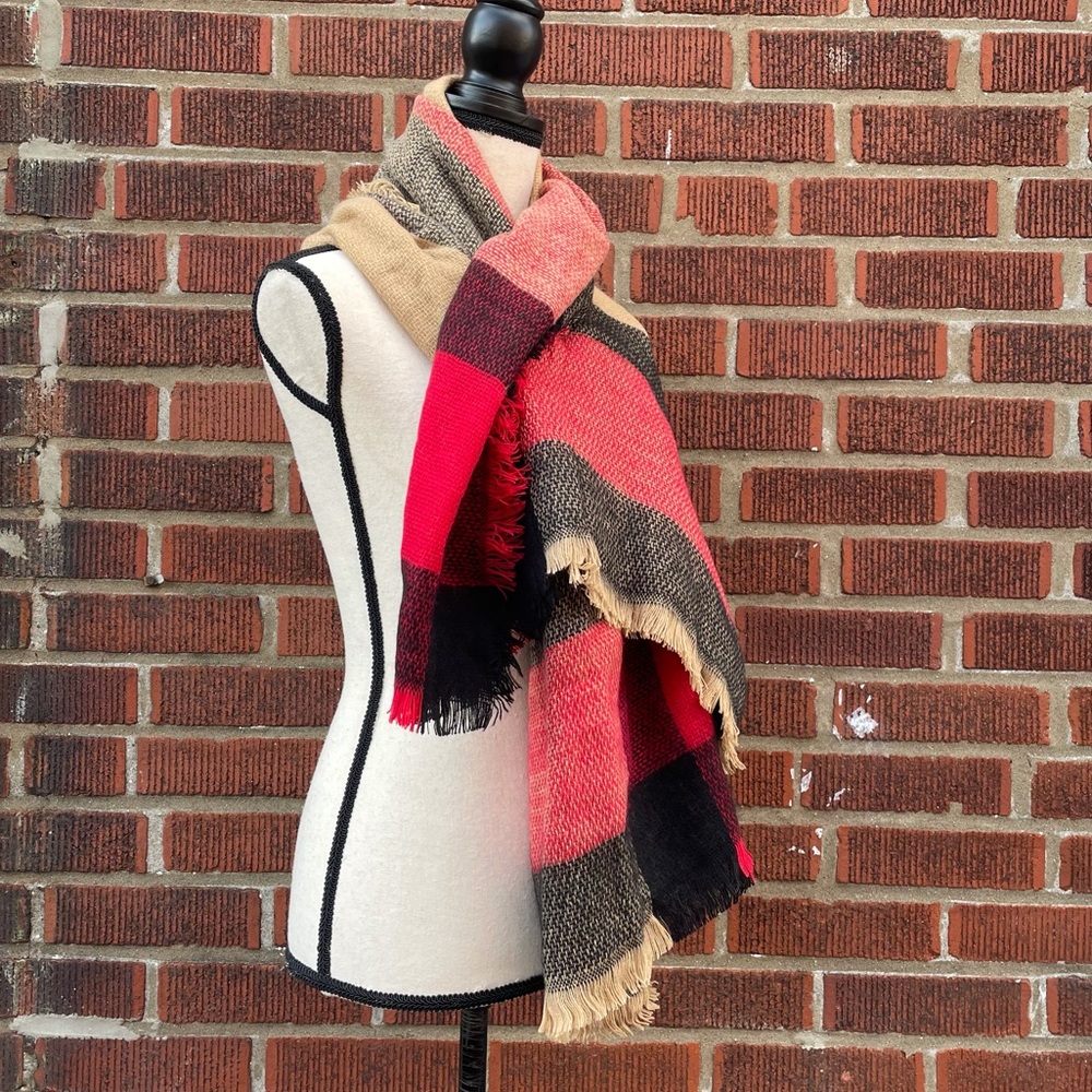 Oversized Plaid Fringe Warm Cozy Winter Fall Scarf Red Black Tan - Picture 3 of 7